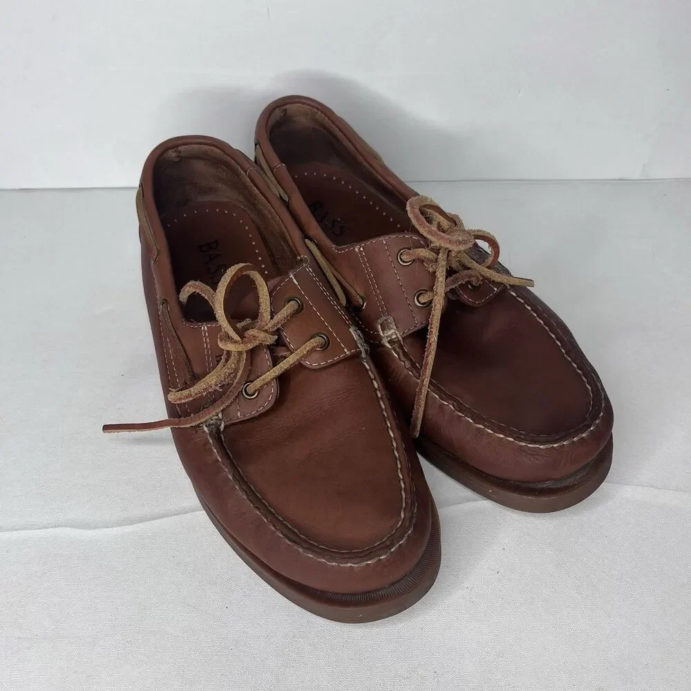 Vintage Bass Seafarer Brown Leather Boat Shoes Mens Size 8.5 M PLEASE READ